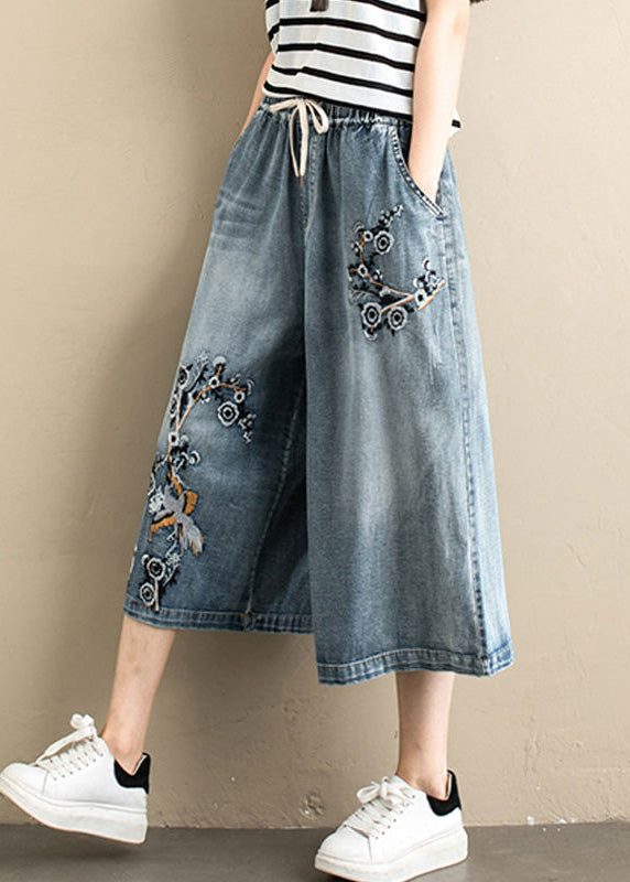 Ladies Blue Embroidered Tie Waist Wide Leg Denim Pants Summer