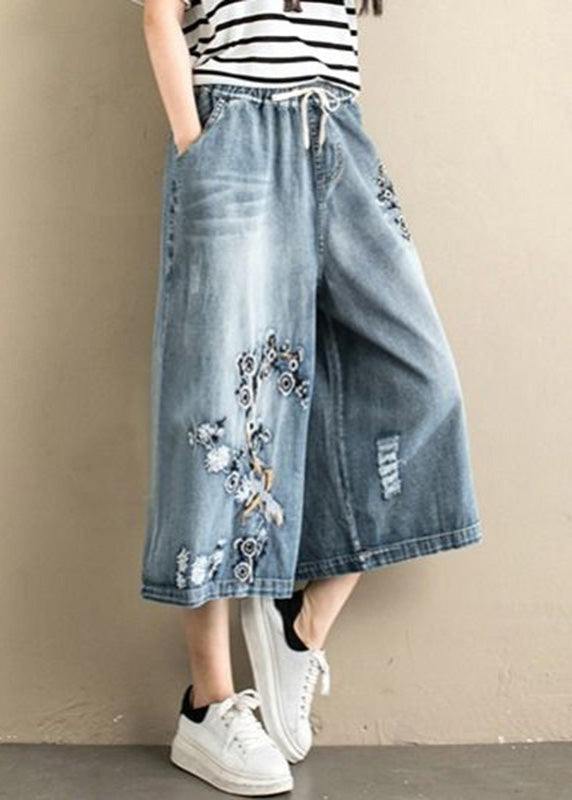 Ladies Blue Embroidered Tie Waist Wide Leg Denim Pants Summer