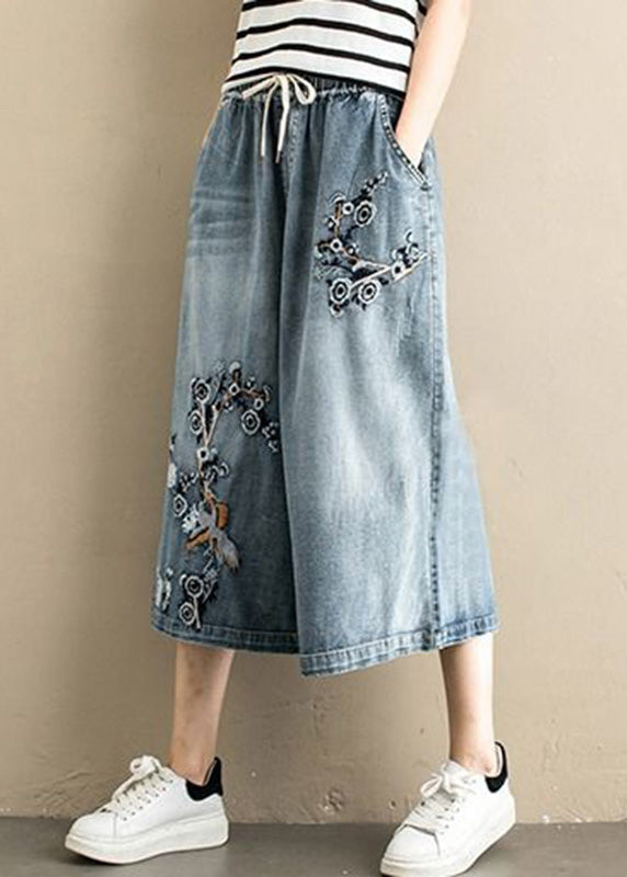 Ladies Blue Embroidered Tie Waist Wide Leg Denim Pants Summer