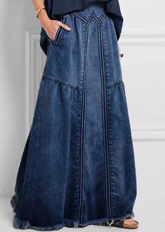 Women Distressed Solid Color Elastic Waist Loose Denim Skirt With Pocket