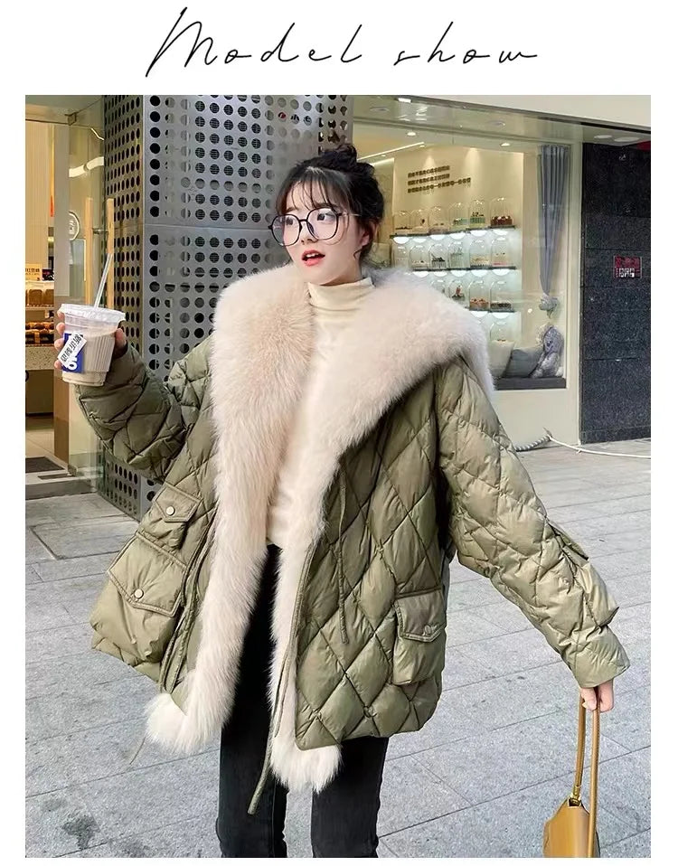 Women Green Fur Collar Oversized Duck Down Puffers Jackets Winter