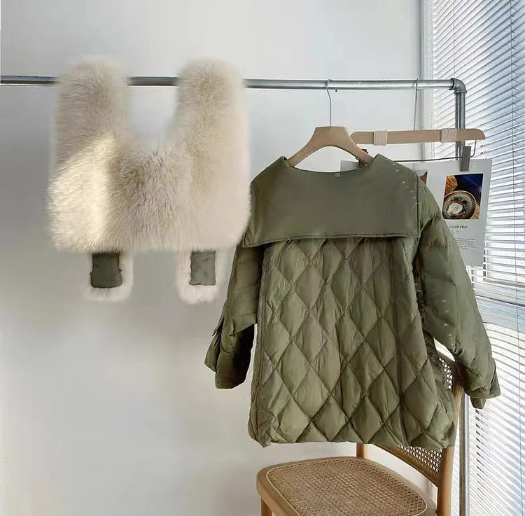 Women Green Fur Collar Oversized Duck Down Puffers Jackets Winter