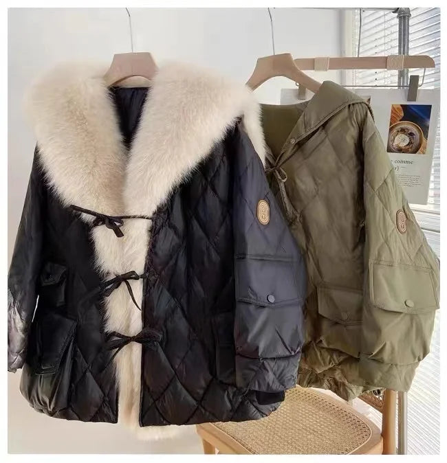 Women Green Fur Collar Oversized Duck Down Puffers Jackets Winter