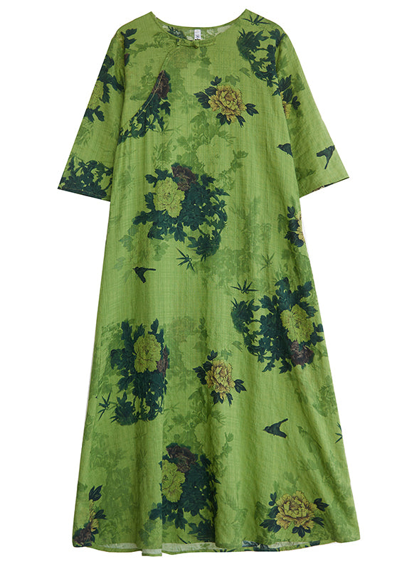 Chinese style Green Print Button Linen A-line Dress Summer