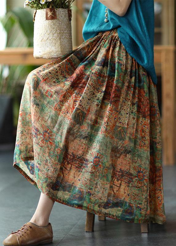 Women Green Print Ramie Elastic Waist Skirt