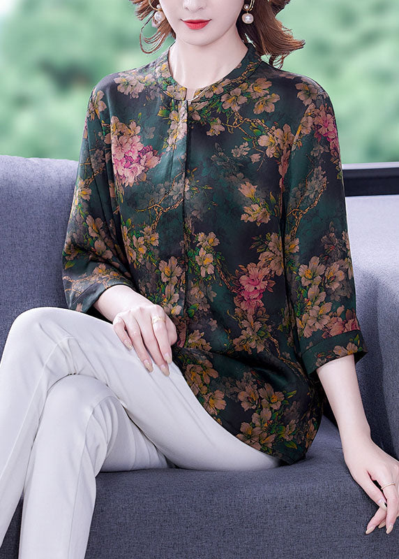 Green Stand Collar Printed Women Silk Shirt Bracelet Sleeves