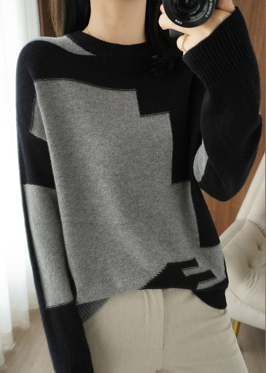 Women Grey Asymmetrical Patchwork Wool Knit Top Fall