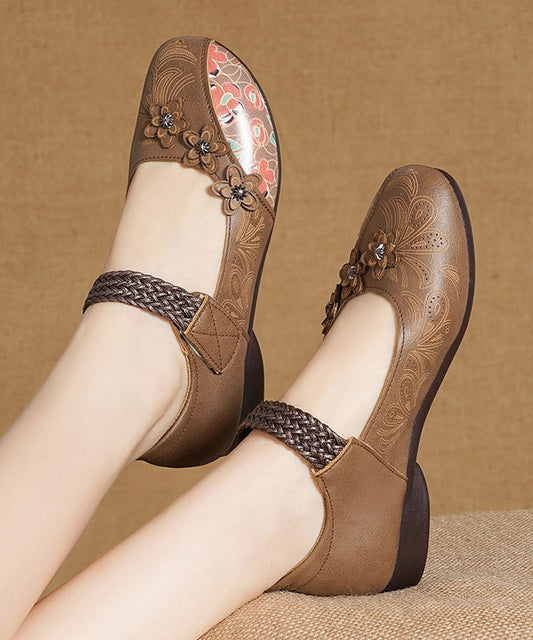 Women Khaki Genuine Leather Soft Splicing Flat Shoes