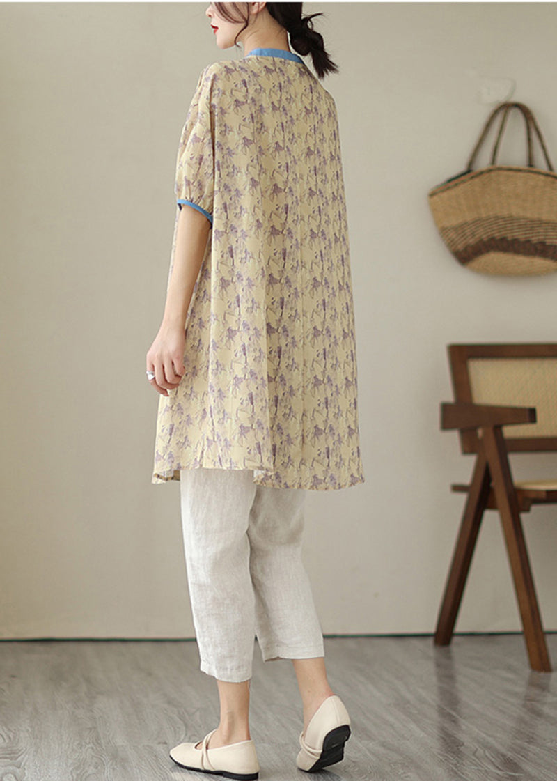 Khaki Oversized Printed Linen Shirt Dress Women's Summer