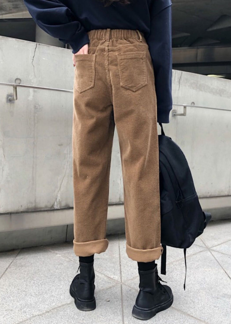 Women Khaki Pockets High Waist Warm Fleece Pants Fall