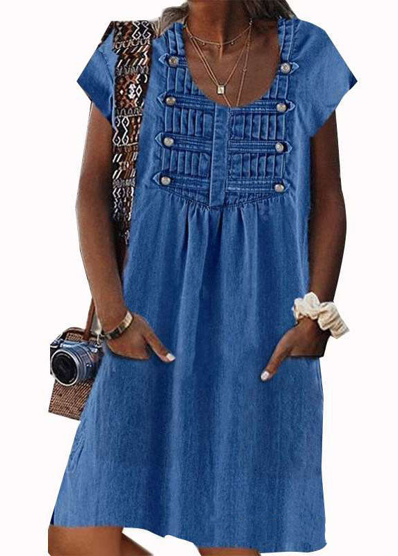 Summer Ladies O Neck Light Blue Wrinkle Patchwork Denim Dress