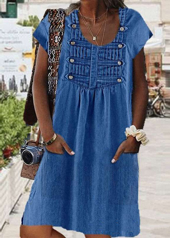 Summer Ladies O Neck Light Blue Wrinkle Patchwork Denim Dress