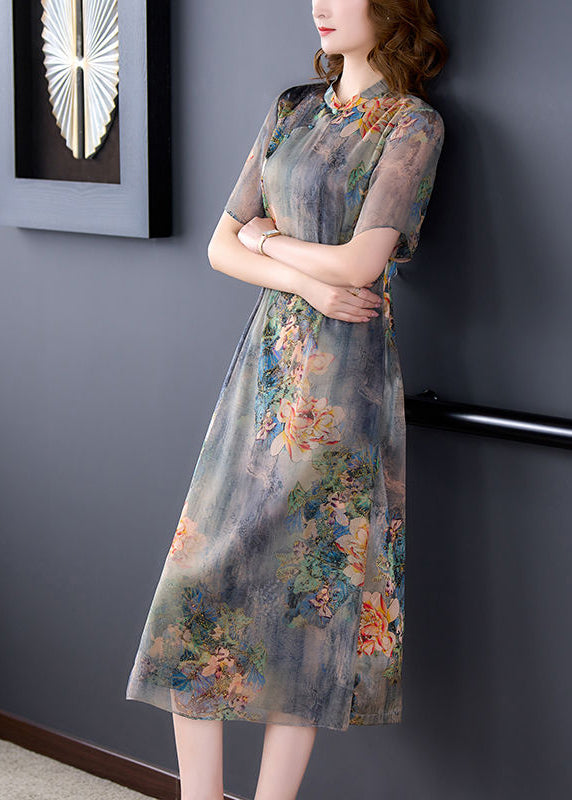 Light gray stand-up collar tie-dye print slim silk dress for summer