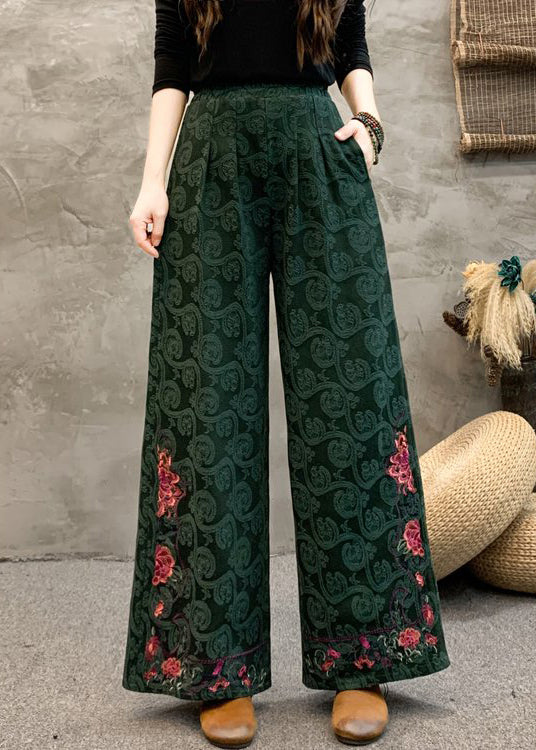 Women Navy Embroidered Pockets Cotton Wide Leg Trousers Spring