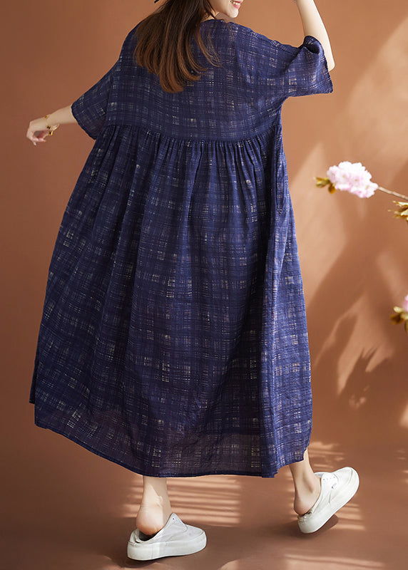 Navy Blue Plaid Linen Oversized Dress Summer