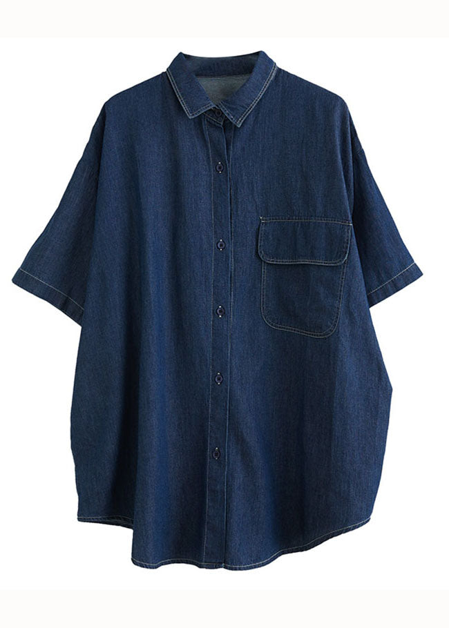 Navy Patchwork Peter Pan Collar Denim Shirt Top Summer