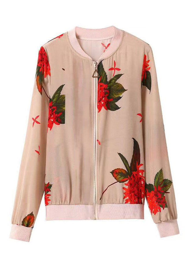 O-neck printed zipper chiffon sunscreen women's summer coat