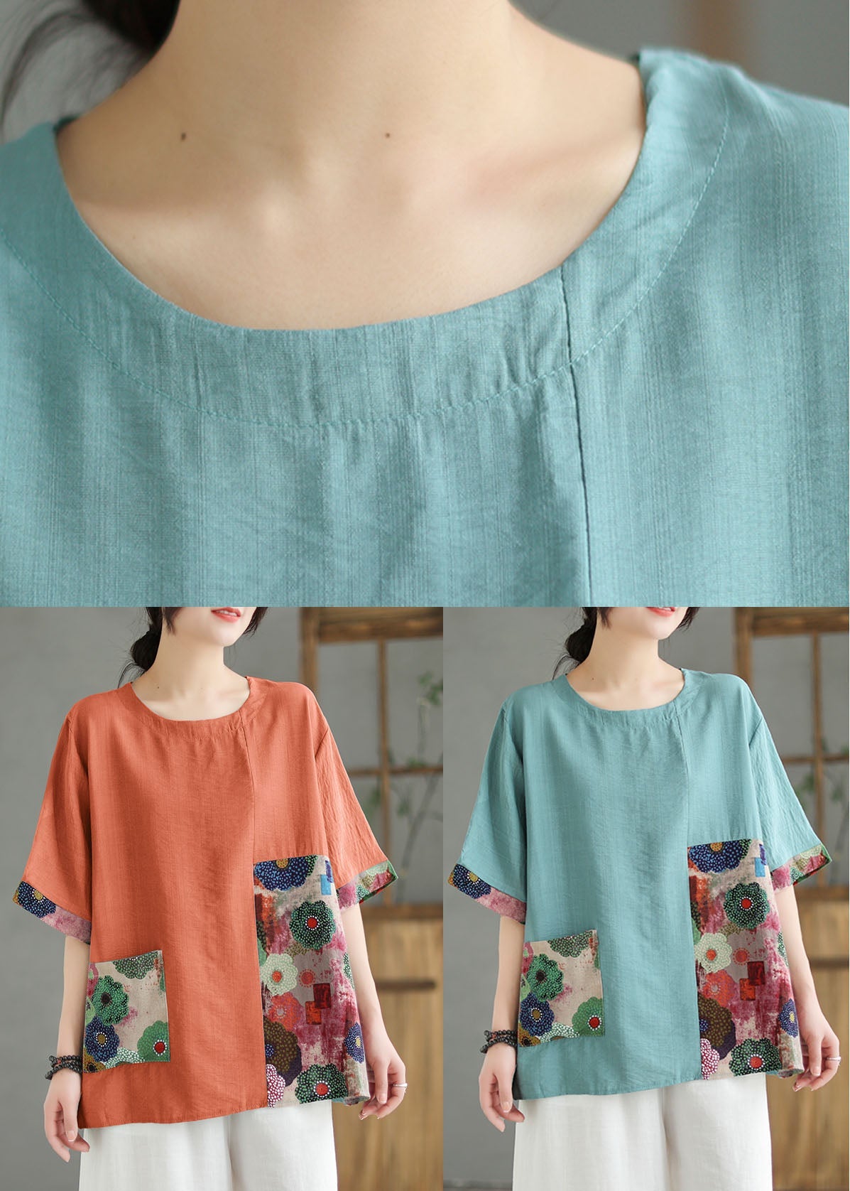 O Neck Women Orange Print Patchwork Linen T-Shirt Top Summer