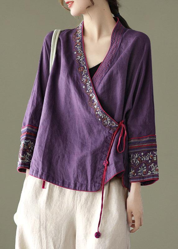 Women Red Embroideried Long sleeve Linen Shirt