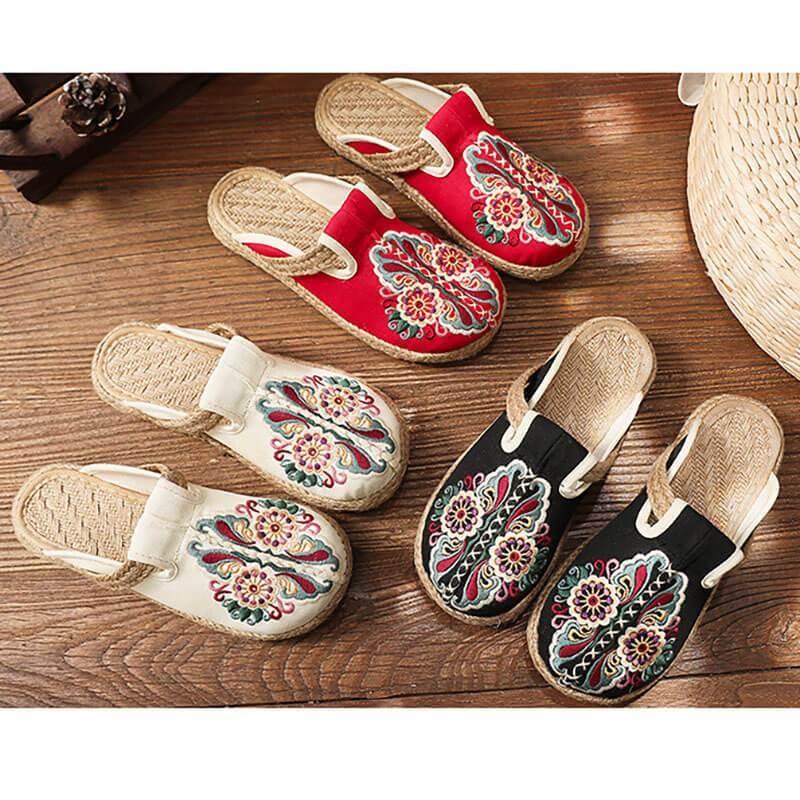 Women Retro Embroidered Floral Shoes Flip Flop