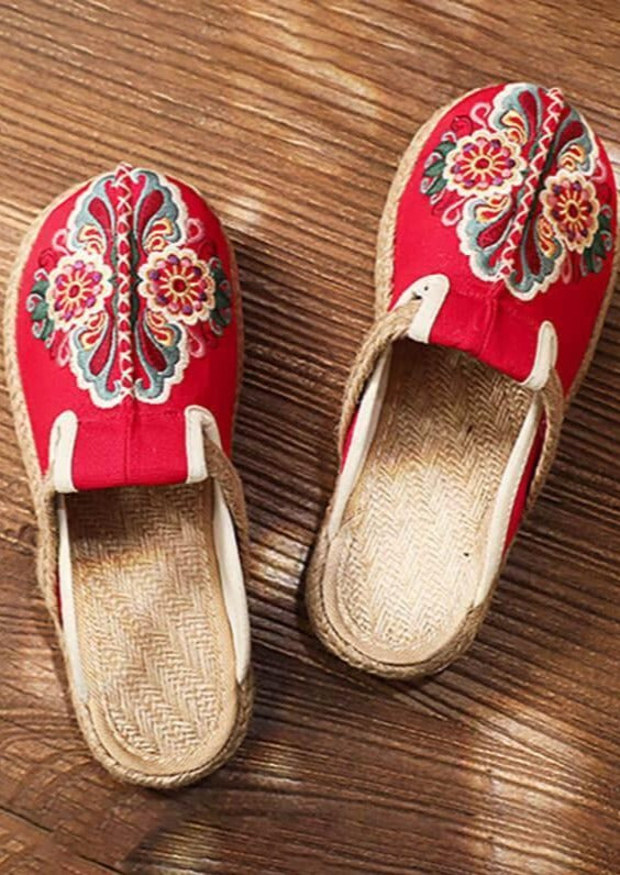 Women Retro Embroidered Floral Shoes Flip Flop