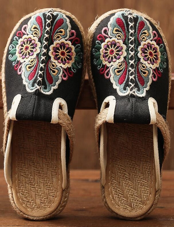 Women Retro Embroidered Floral Shoes Flip Flop