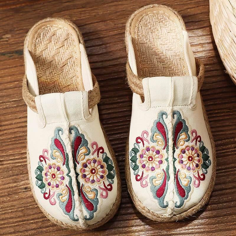 Women Retro Embroidered Floral Shoes Flip Flop