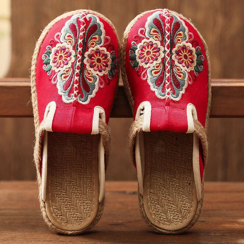 Women Retro Embroidered Floral Shoes Flip Flop