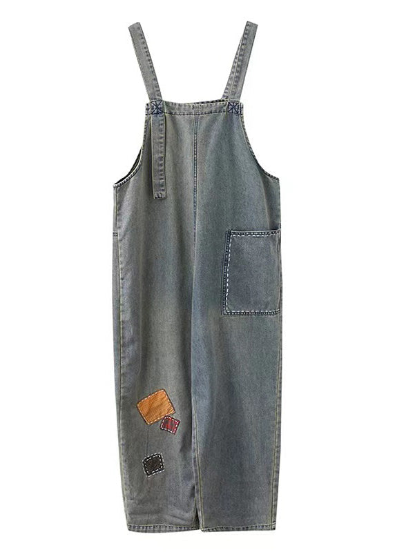 Women Washed Blue Patchwork Comfort Denim Long Jumpsuit