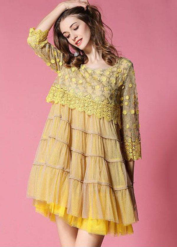 Women Yellow Embroidered Lace Patchwork Tulle Dress Bracelet Sleeve