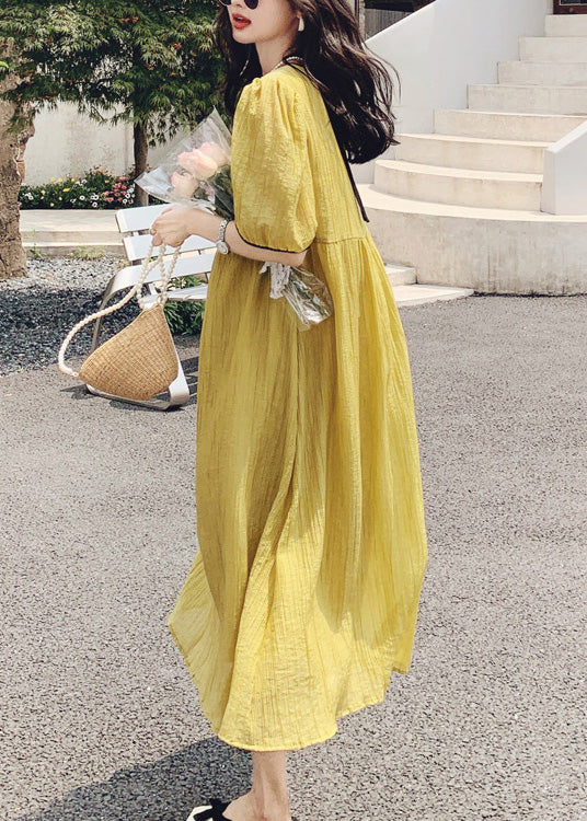 Women Yellow O Neck Patchwork Cotton Dress Summer