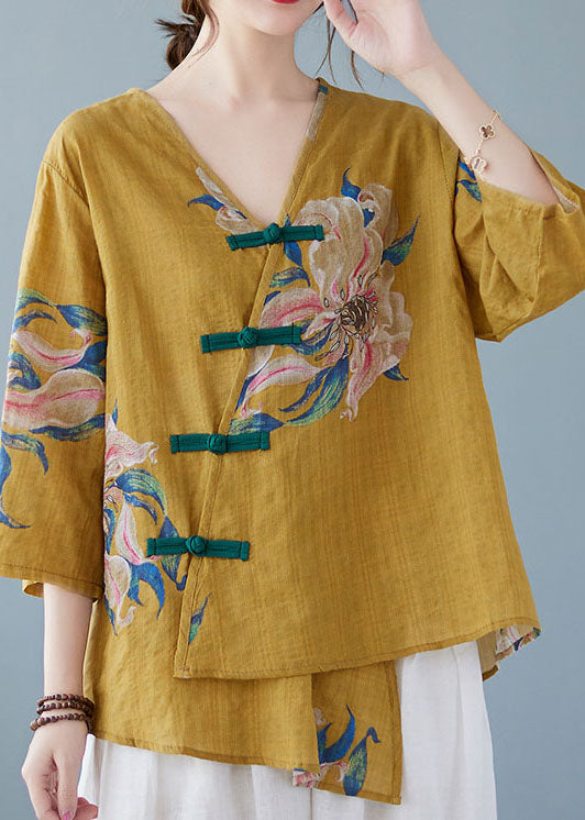 Yellow Asymmetrical Button Down Shirt Half Sleeve