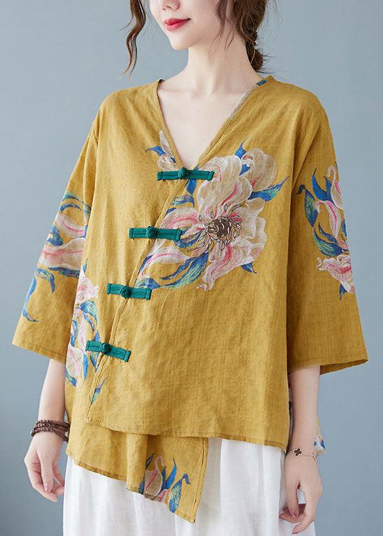 Yellow Asymmetrical Button Down Shirt Half Sleeve