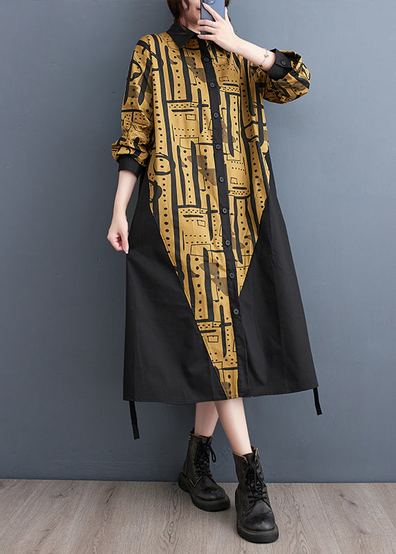 Yellow Patchwork Cotton Long Dresses Asymmetrical Fall