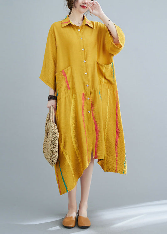 Yellow Peter Pan Collar Button Half Sleeve Long Shirt Dress