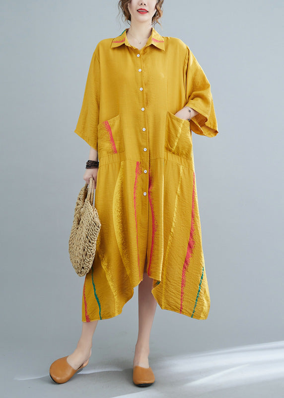 Yellow Peter Pan Collar Button Half Sleeve Long Shirt Dress