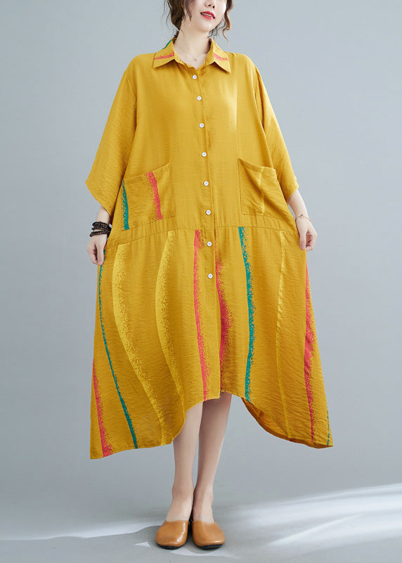 Yellow Peter Pan Collar Button Half Sleeve Long Shirt Dress