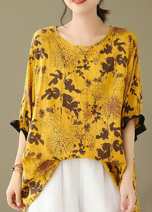 O-neck yellow printed patchwork cotton loose top summer