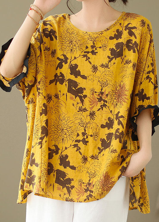 O-neck yellow printed patchwork cotton loose top summer