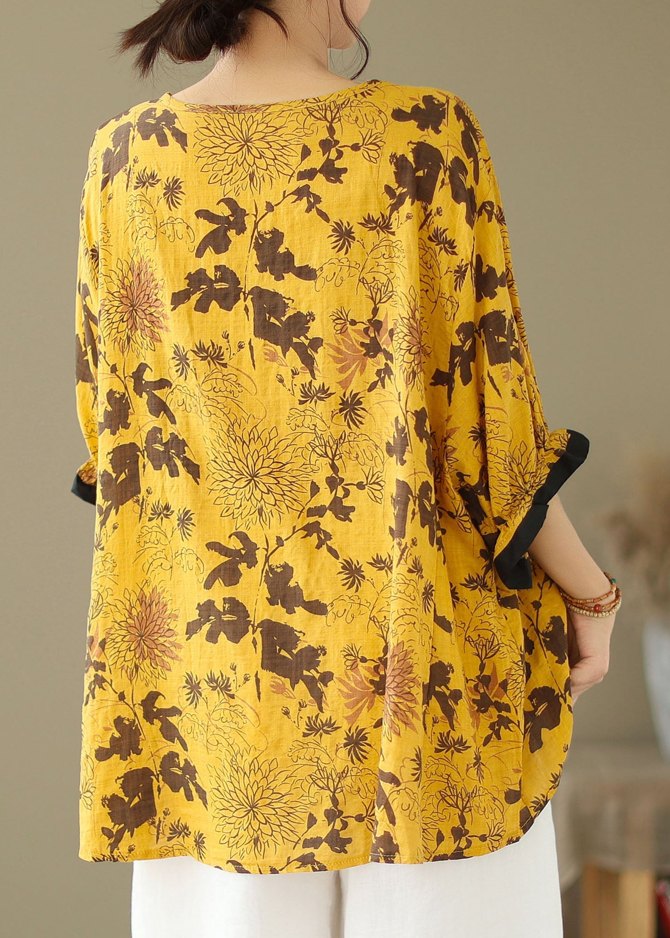 O-neck yellow printed patchwork cotton loose top summer