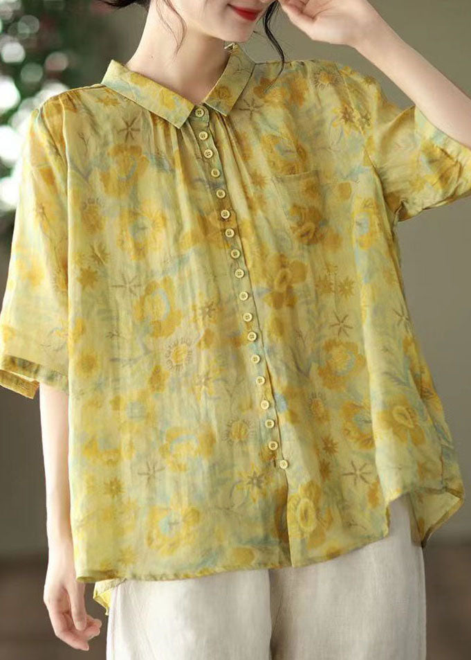 Yellow Print Patchwork Linen Top Peter Pan Collar Button Summer