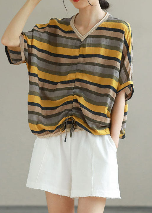 V Neck Yellow Stripe Patchwork Cotton T-Shirt Summer