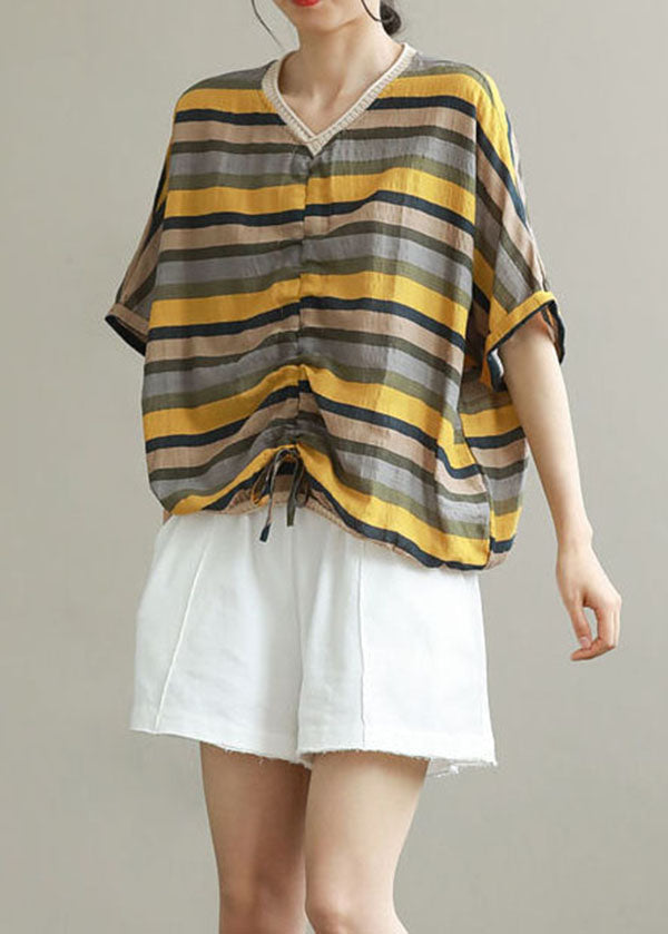 V Neck Yellow Stripe Patchwork Cotton T-Shirt Summer