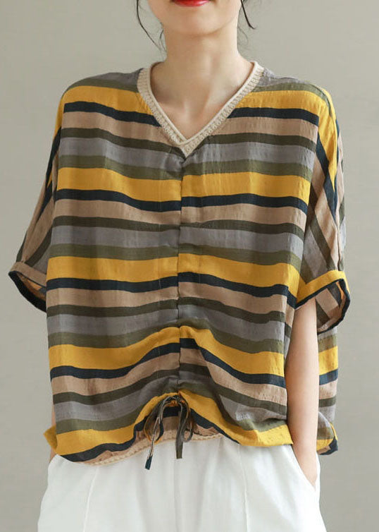 V Neck Yellow Stripe Patchwork Cotton T-Shirt Summer