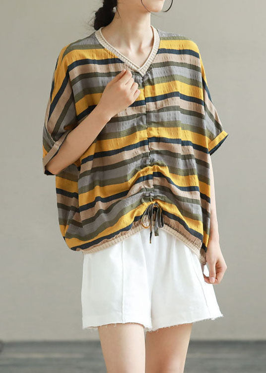 V Neck Yellow Stripe Patchwork Cotton T-Shirt Summer