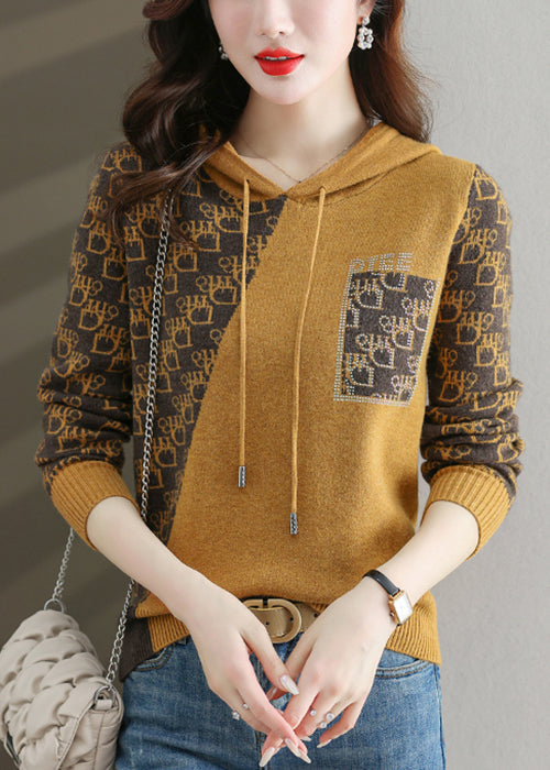 Yellow Zircon Patchwork Cotton Knit Sweaters Hooded Long Sleeve