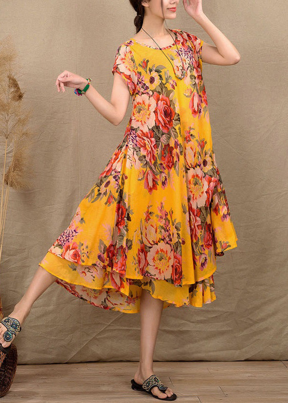 Yellow Patchwork Cotton Exra Large Hem Dresses O Neck Summer