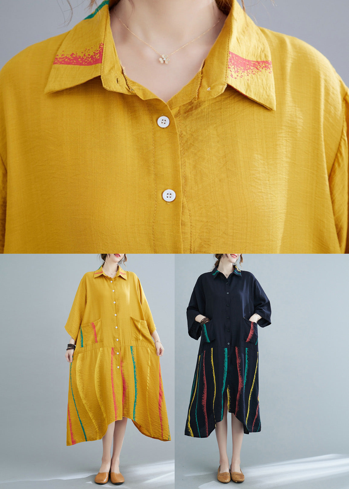 Yellow Peter Pan Collar Button Half Sleeve Long Shirt Dress