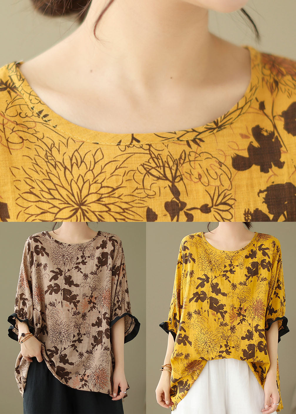 O-neck yellow printed patchwork cotton loose top summer