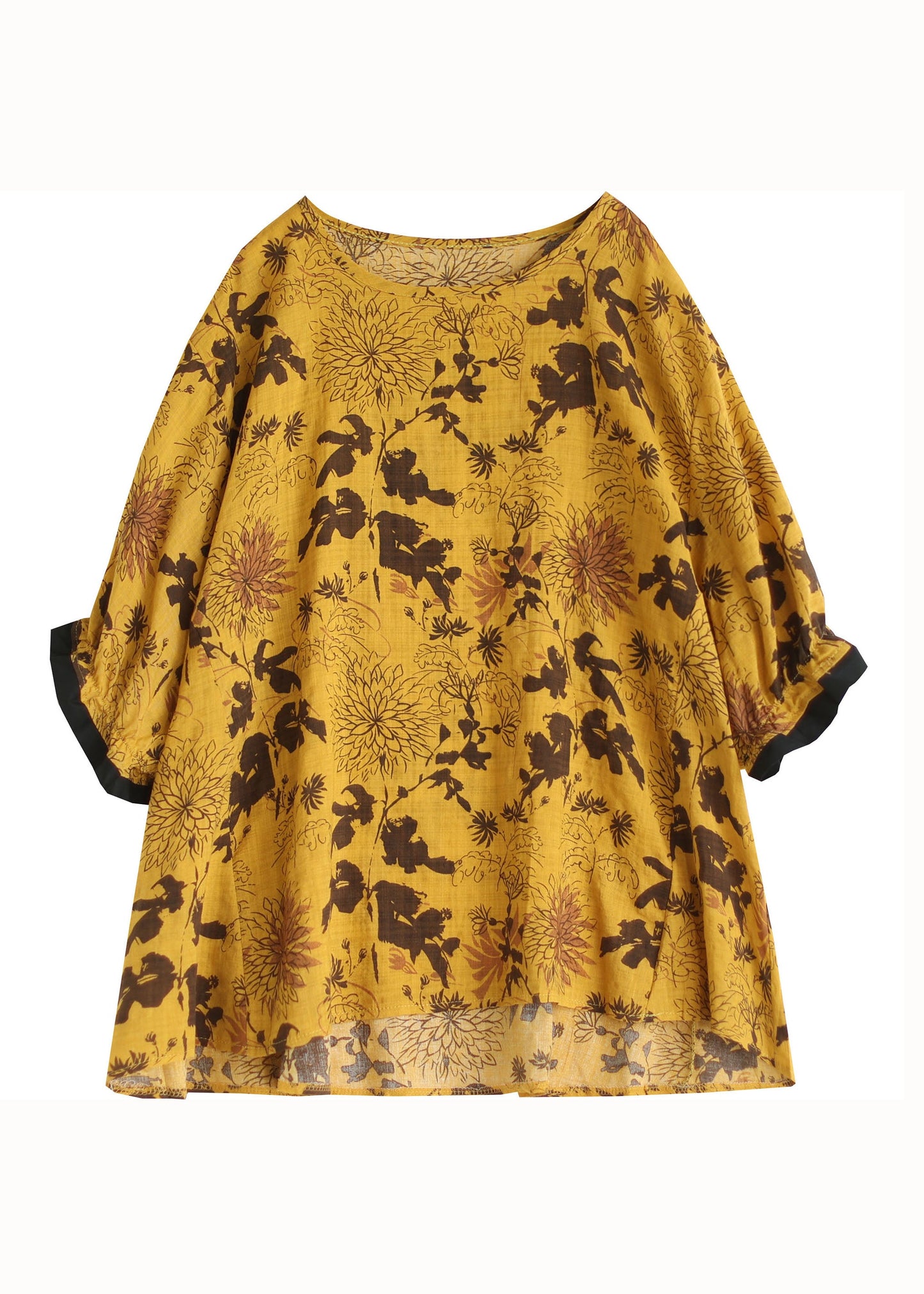 O-neck yellow printed patchwork cotton loose top summer